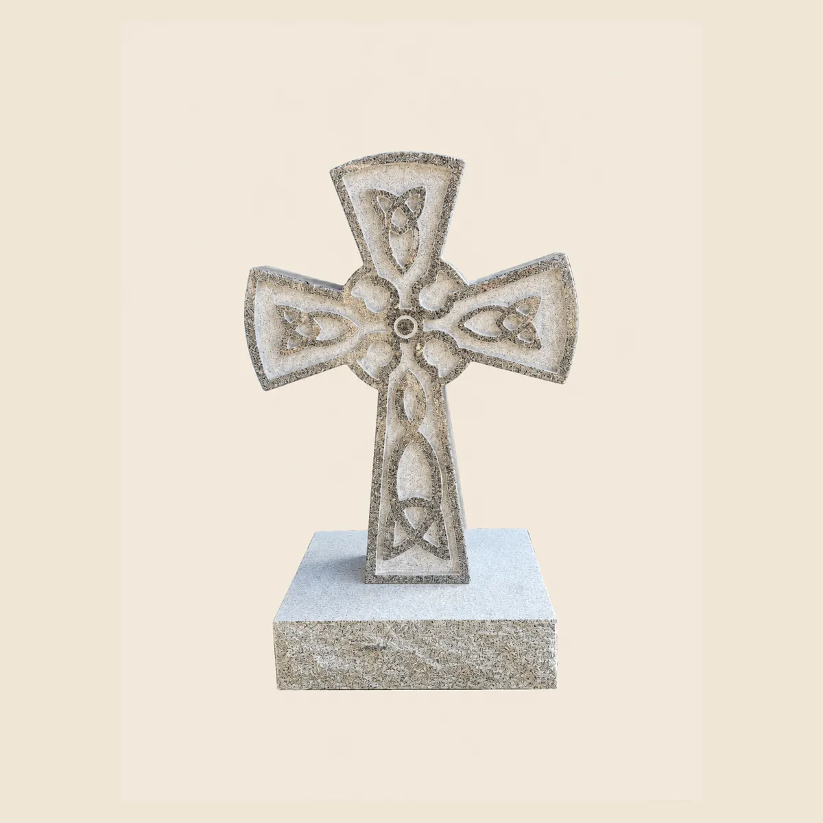 Celtic cross in light grey granite with knotwork detail on a matching base