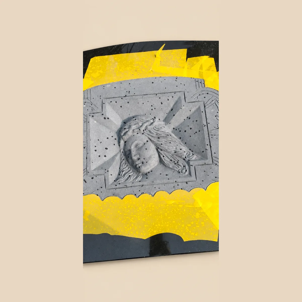 Christ carrying the cross, laser-etched on polished black granite