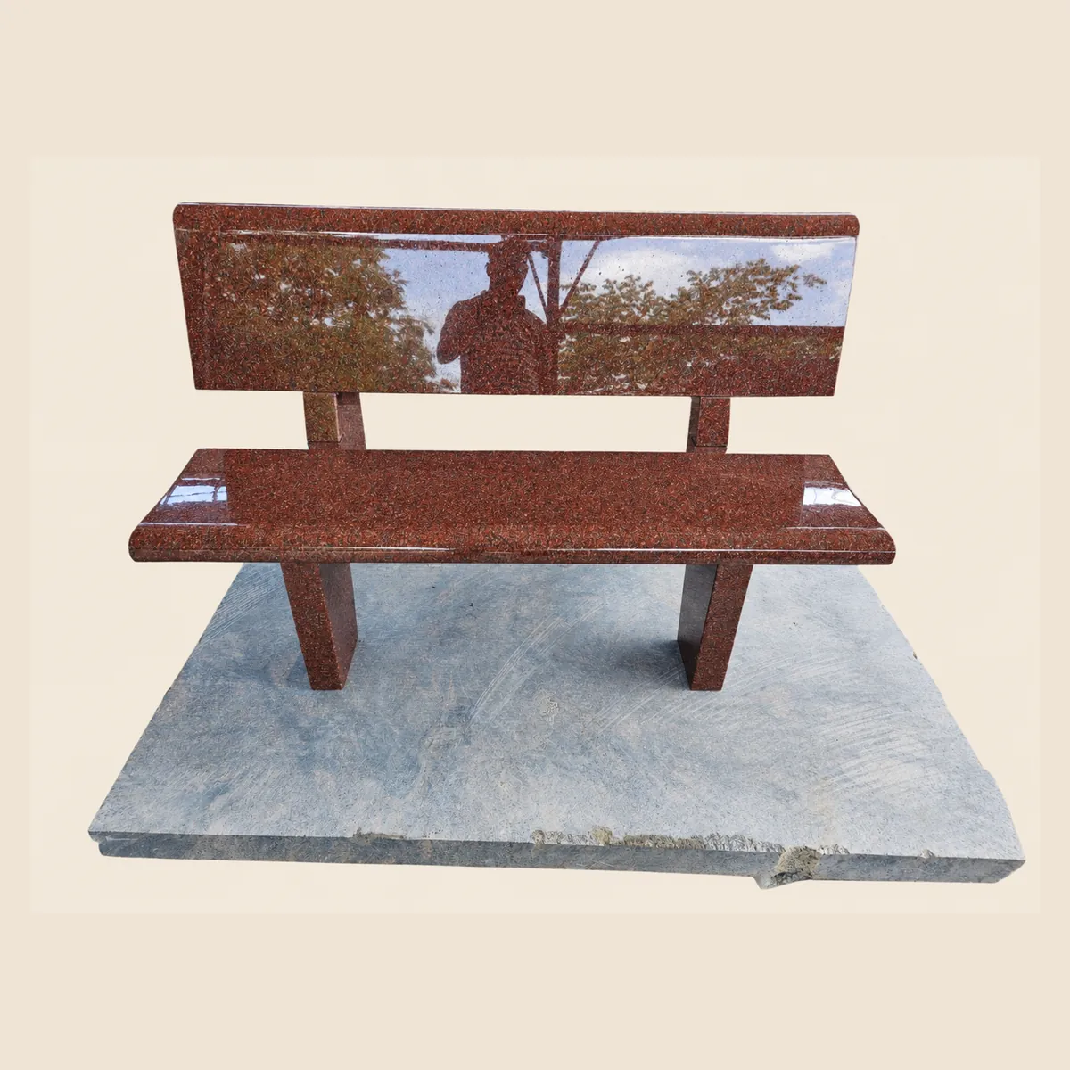 Polished Ruby Red granite bench with backrest