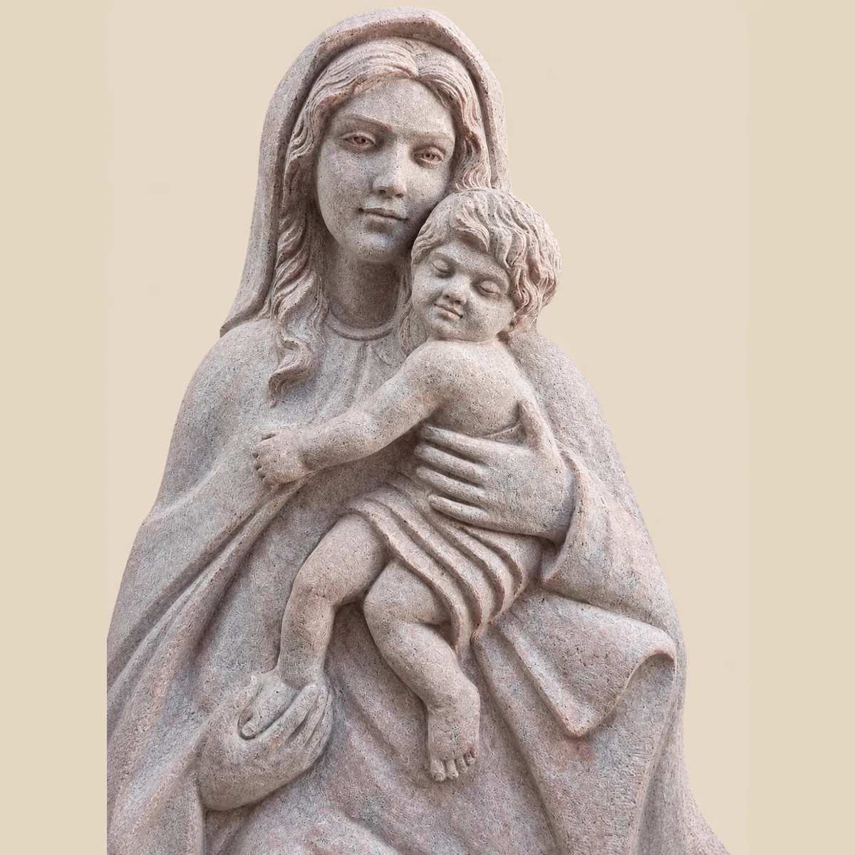 Madonna and child hand-carved in rose granite